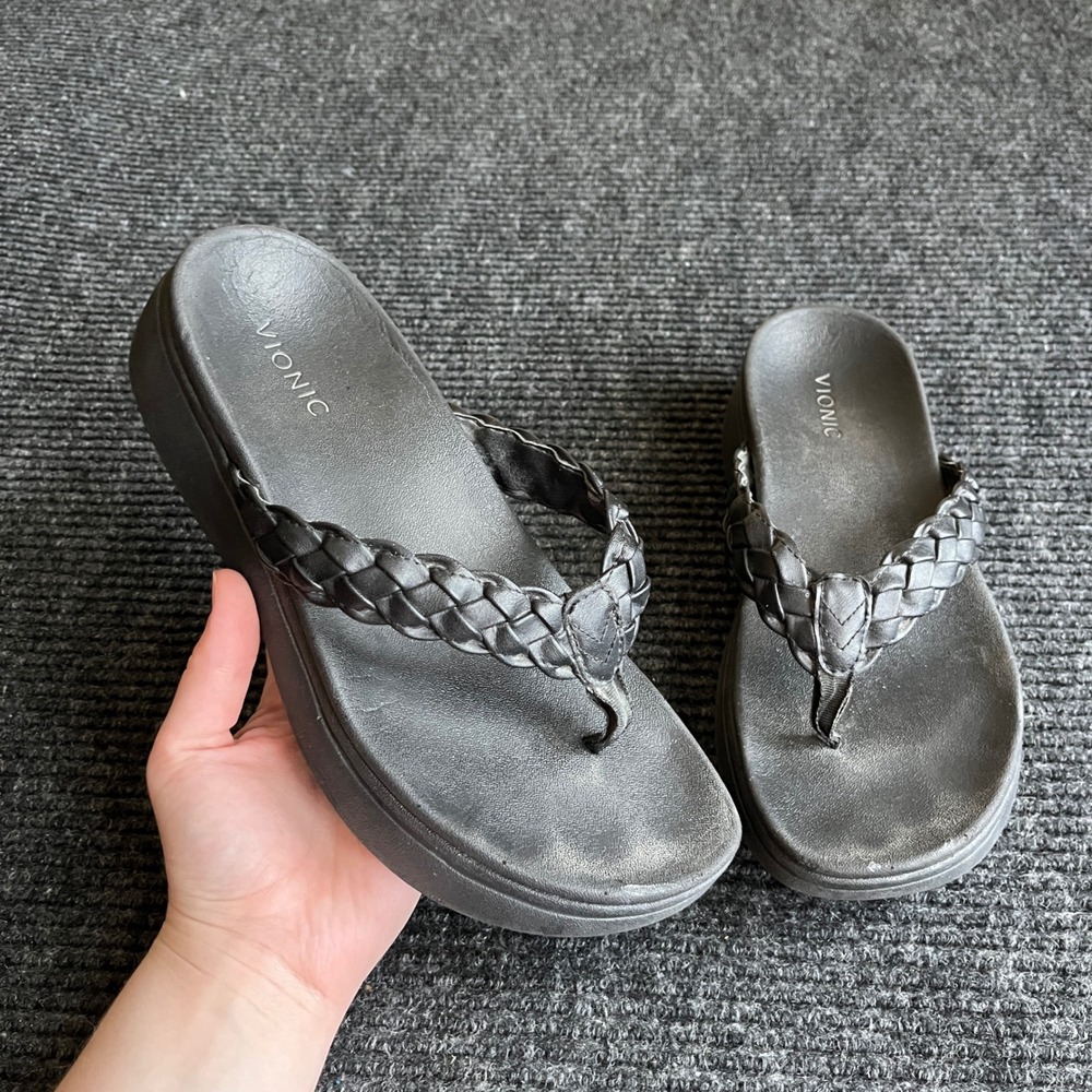 Vionic Kenji Platform Flip Flops Womens Size 8 Black Braided Orthotic Sandals